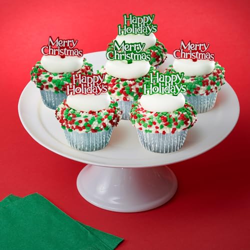 Holiday Tidings Christmas Cupcake Toppers - 24 Festive Food Safe Decorations