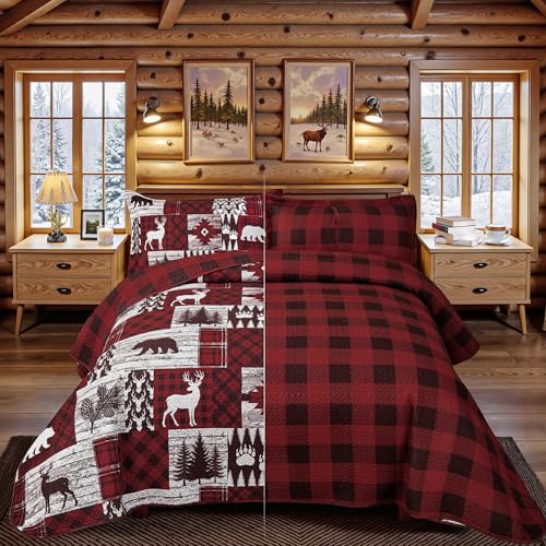 Tritard Red Bear Christmas Plaid Twin Quilt Set with Pillow Shams
