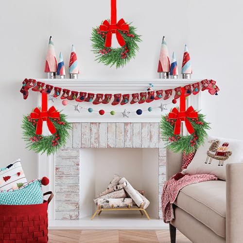 12-Inch Mini Christmas Wreaths for Cabinets with Red Bows, Set of 4
