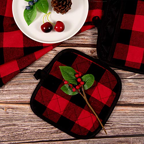 Whaline Red Black Buffalo Plaid Oven Mitts & Pot Holders Set 6pcs Heat-Resistant Kitchen Accessories