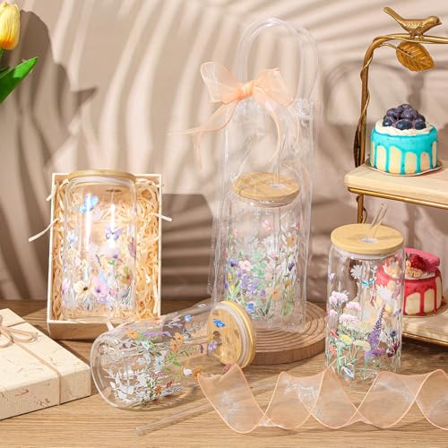 Mumufy 6-Piece Wildflower Glass Cups Set with Lids & Straws - 16 oz