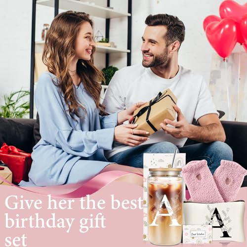 Personalized Monogram Glass Cup Gift Set with Lids, Straws & Floral Pattern - Gift Box Included
