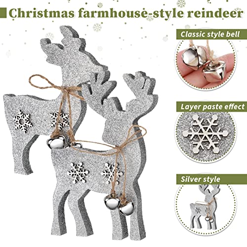 Sanwuta 2-Piece Reindeer Tabletop Decor – Wooden Elk Figurines with Silver Bell (Mother & Calf)