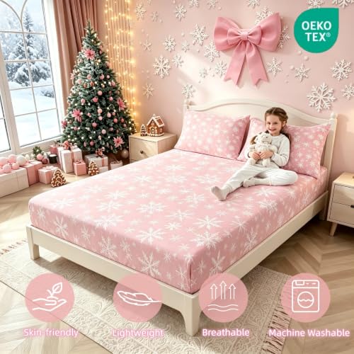 Christmas Queen Bed Sheets Set - Pink Snowflake Pattern, Erosebridal