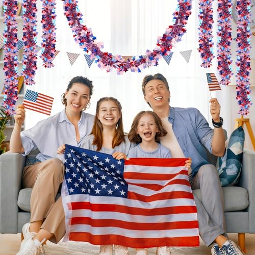 50FT Patriotic Tinsel Garland with Red White & Blue Stars for 4th of July