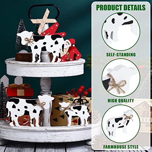 3 Pcs Wooden Cow Tiered Tray Decor, Rustic Farmhouse Table Centerpiece