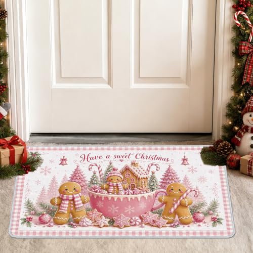 Romart Pink Gingerbread Kitchen Rugs Set of 2 – 16x28in & 16x47in with Silicone Backing