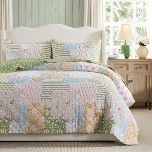 Palassio 100% Cotton Queen Quilt Set - Reversible Floral Bedspread & Shams