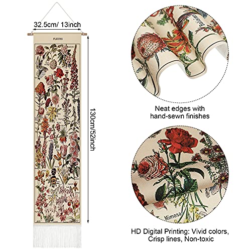 Vintage Botanical Vertical Wall Tapestry with Wooden Rod - 52" x 13"