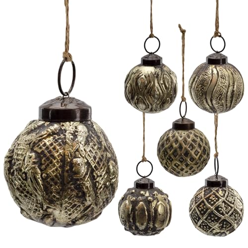 AuldHome Design Farmhouse Ball Ornaments Set of 6 - 2in Antique Gold Distressed Metal Glass