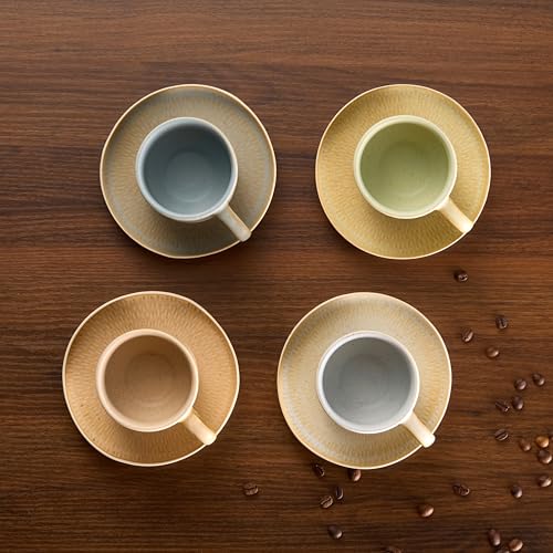 KooK 5.5 Oz Espresso Mug & Saucer Set - Ceramic, Rustic Organic Shape, Multicolor, Dishwasher & Microwave Safe