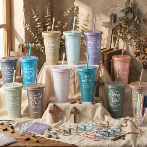 Light Morandi Christian Christmas Gift Set with Bible Verse Cups, Notebooks, Pens & Keychains - 48 Pack / Holiday Religious Gifts