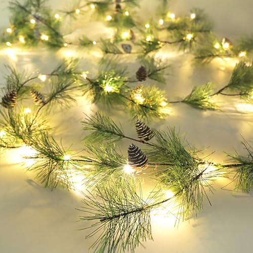 Palonym Pre-lit Christmas Garland with 81 Pine Needles & 40 LED Lights, 9.84 ft with Pine Cones, Battery-Operated w/ Timer