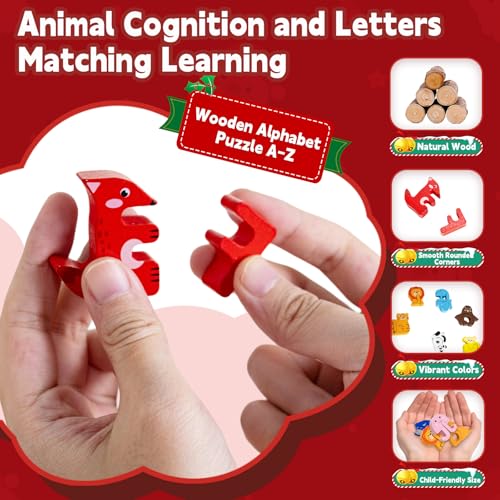 Yxwomenxy Advent Calendar 2026 Animal Alphabet Matching Toy for Kids - Wooden Educational Puzzle, Preschool Learning, Christmas Gift, Variation A