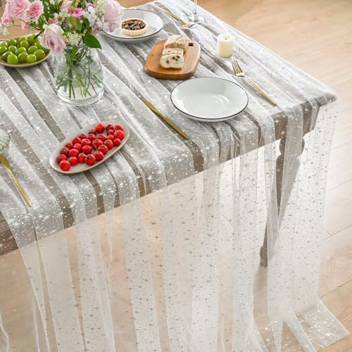 Horaldaily White Silver Star Gauze Tablecloth 60x140 Inch Rectangular Home Decor