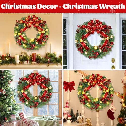 Elyum 16 Inch Christmas Wreath with Lights – 2 Pack Front Door Decor Balls Berries Pine Cones