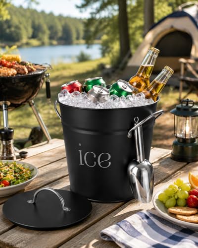 3 Qt Insulated Black Galvanized Ice Bucket with Lid, Scoop & Handles