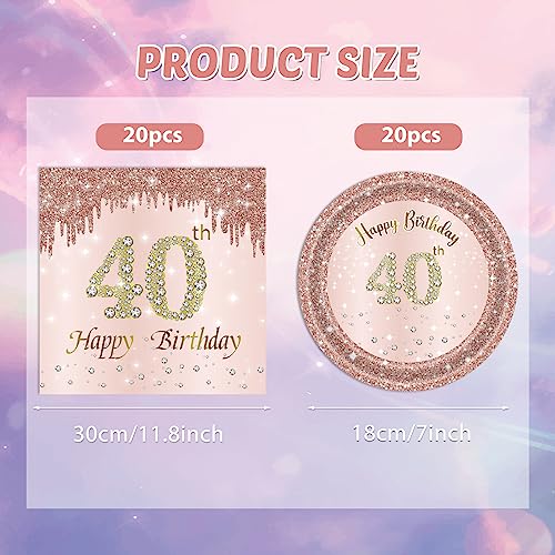 40th Birthday Party Supplies Set, Rose Gold Plates and Napkins for 20 Guests