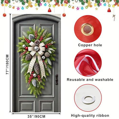 Frosted Pine Swag Christmas Door Cover, 35x71 Inch Holiday Wall Backdrop