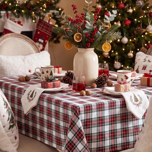 Softalker Christmas Plaid Tablecloth Rectangle 60 x 102 inches, Red & White Festive Decor