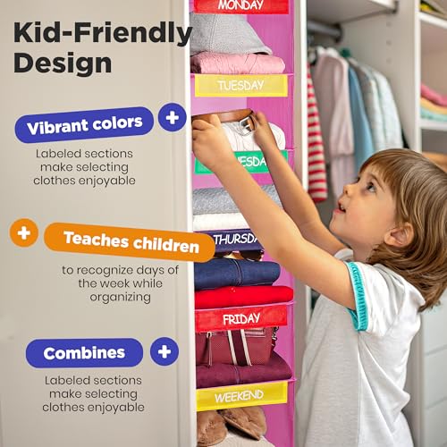 Weekly Hanging Closet Organizer for Kids with Bamboo Shelves, Pink