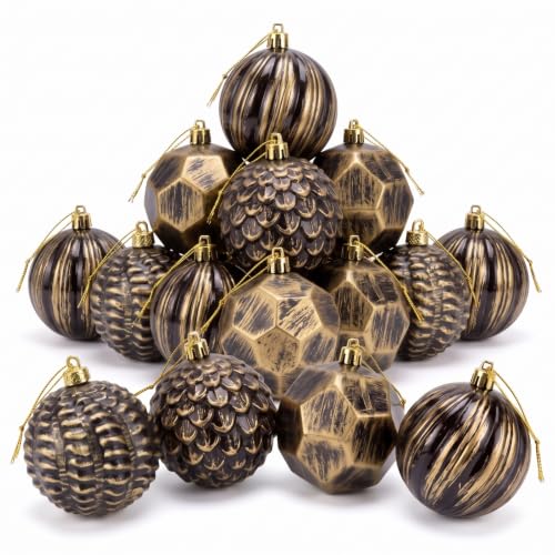 12 Pcs Christmas Tree Ornaments: 3.15" Black Gold Shatterproof