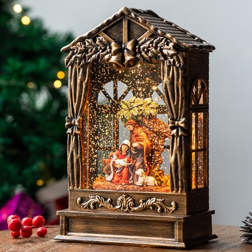 Musical Nativity Scene Lighted Snow Globe Lantern with Swirling Glitter