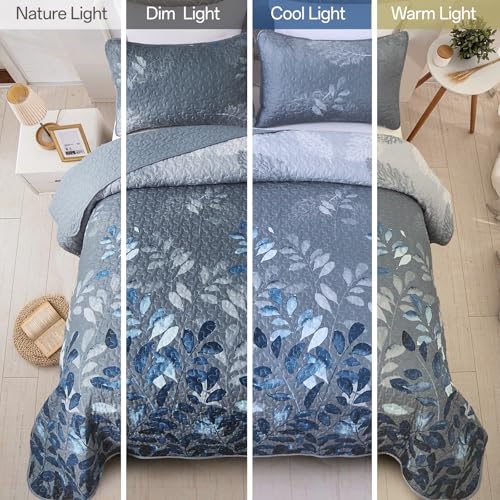 Blue Floral Quilt Set Twin - Soft Microfiber Summer Bedding