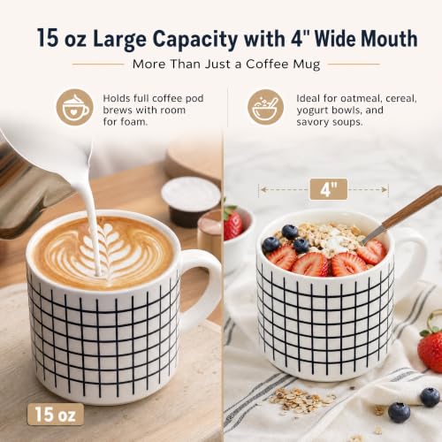 Set of 4 Stackable Coffee Mugs with Metal Stand, 15 oz Ceramic Cups for Hot Beverages