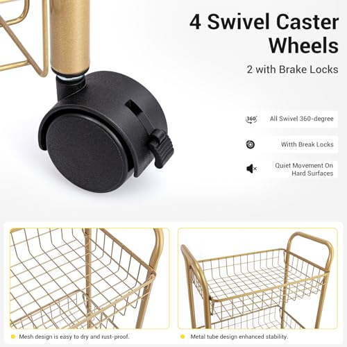 3-Tier Rolling Utility Cart with Lockable Wheels - Gold Metal Storage Trolley