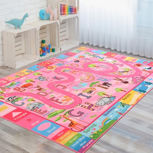 Educational Kids Play Rug 4x6 Pink ABC Learning Carpet for Classroom