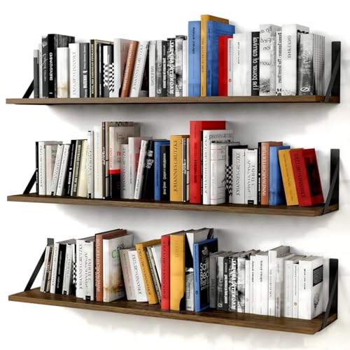 36-Inch Floating Wall Bookshelves, Set of 3 Rustic Wood Heavy-Duty Shelves