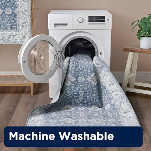 2-Piece Washable Chenille Rug Set, Geometric Print, Non-Slip, Blue/Taupe