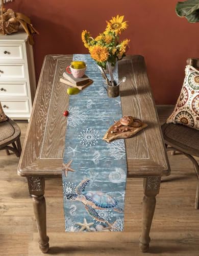 Lsrtoss Beige Blue Coastal Table Runner 13 x 60 Inches Summer Beach Nautical Decor