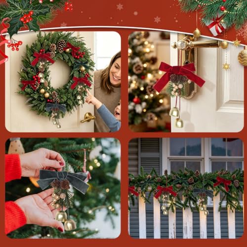 RECUTMS 16Pcs Velvet Christmas Bell & Velvet Bow Ornaments Set – Red & Green
