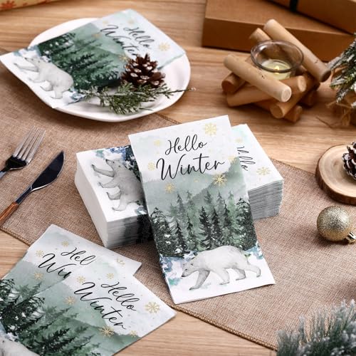 Saypacck 100 Pcs Christmas Paper Napkins 2-Ply Holiday Guest Towels Snowflake & Forest Design