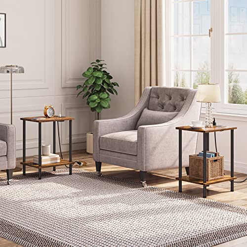 Set of 2 End Tables with Charging Station and USB Ports, Rustic Brown