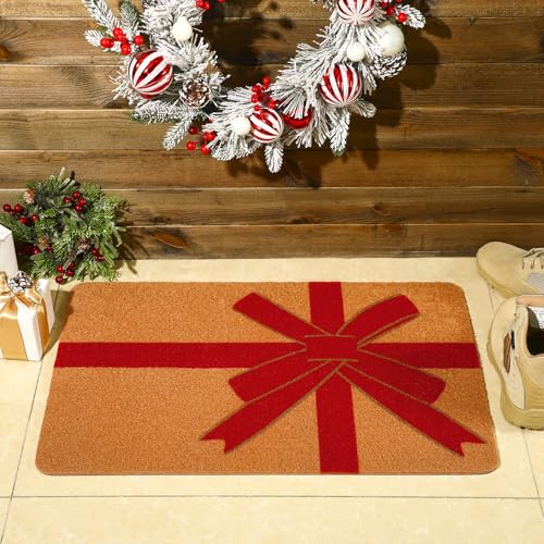 Christmas Red Bow Welcome Door Mat 17 x 29 Inches - Holiday Outdoor Rug