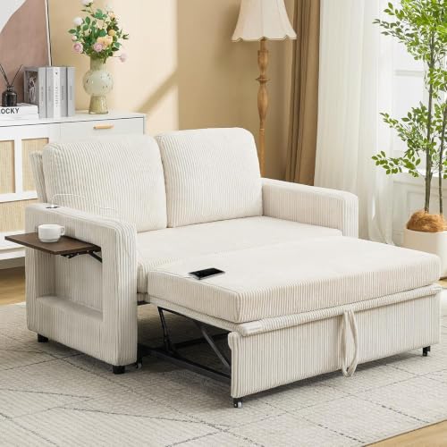 3-in-1 Convertible Chenille Loveseat Sleeper Sofa with Foldable Side Table