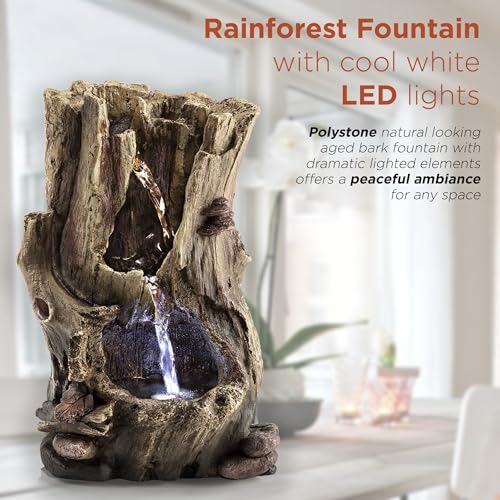 Tabletop Water Fountain with LED Lights - Rainforest Tree Trunk Decor, 11"