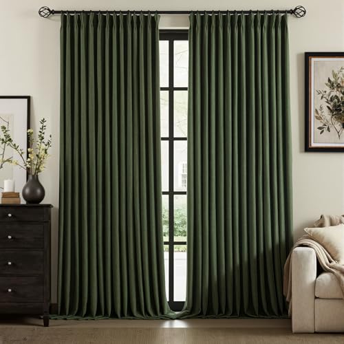 Olive Green Linen Pinch Pleated Blackout Curtains 40W x 95L (Pack of 2) – 95" Long