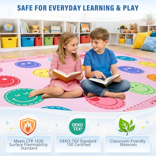 5'x7'6" Classroom Area Rug with 15 Seating Spots, Non-Slip Kids Carpet