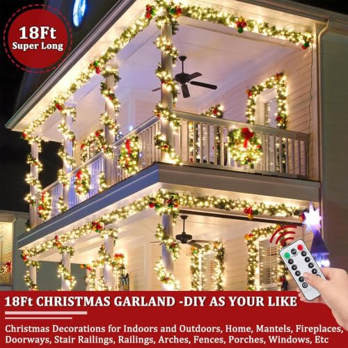 Camlinbo 18 Ft Prelit Snowy Pine Garland with Remote, 100 Warm White & Multicolor LEDs, 8 Modes, Timer, 352 Tips