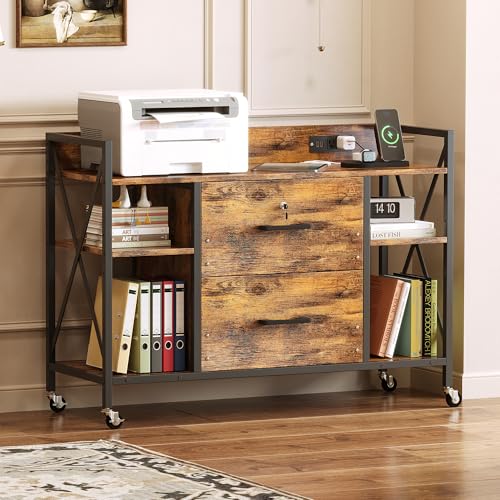 2-Drawer Rolling File Cabinet with Power Outlets and Adjustable Shelves