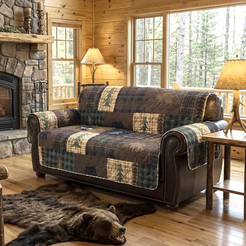 Brown Bear Cabin Loveseat Cover - Durable Polyester, 94" x 76"
