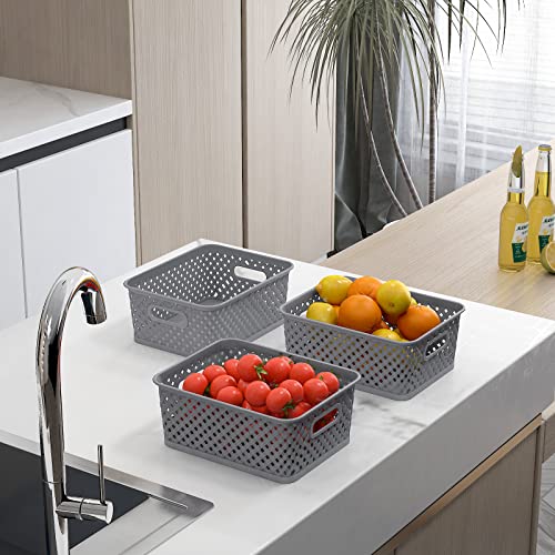 3 Pack Plastic Storage Baskets Large Grey Woven Storage Bins