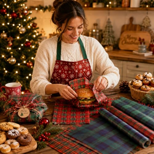Tartan Plaid Christmas Wax Paper Sheets 150 Pack Food Wrap Greaseproof