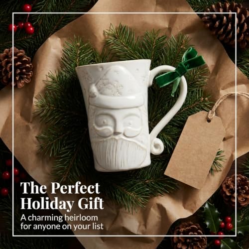 Mud Pie Santa Christmas Mug 12 oz Embossed Stoneware with Green Velvet Bow