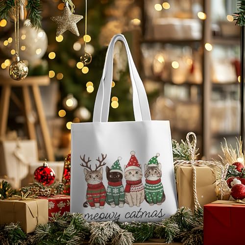 Christmas Tote Bag Reindeer Santa Kitty Canvas Shopping Bag for Women Men - Funny Holiday Gift