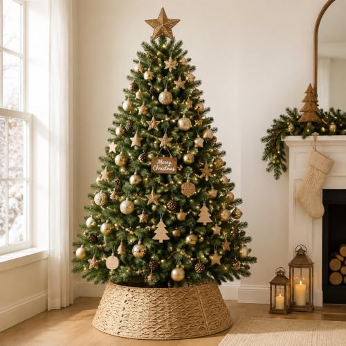 Poen 42 Inch Woven Rattan Christmas Tree Collar Khaki — Handwoven, Adjustable